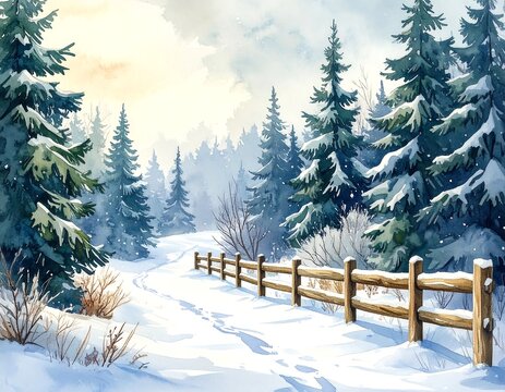 Peaceful snowy forest scene with evergreen trees and textured wooden fences in a watercolor style
