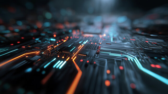 Futuristic colorful motherboard, Glowing chip and network paths, Electronic network concept