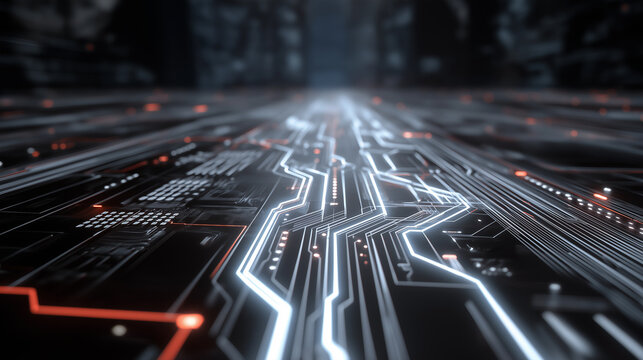 Futuristic colorful motherboard, Glowing chip and network paths, Electronic network concept