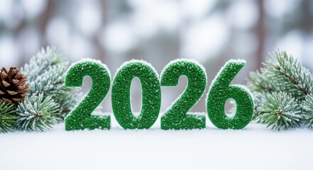 Green glittery 2026 numbers surrounded by snow covered pine branches