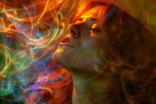 Redhead woman with closed eyes breathing colorful smoke in a psychedelic and dreamlike atmosphere