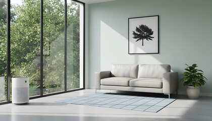 Fototapeta premium A sunlit modern living room with a large window, a grey sofa, and an air purifier.