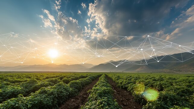 Lush green agricultural field under a vibrant sunset with digital connectivity overlay concept