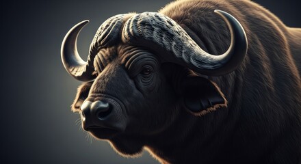 Naklejka premium Close-up of a majestic African buffalo showcasing its large horns and textured fur