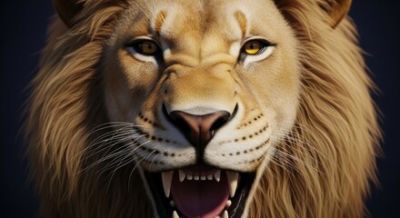 Naklejka premium Close-up of a majestic lion's face with open mouth and intense gaze