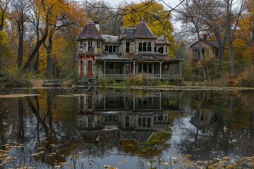 Obraz premium Derelict victorian house reflecting in still water surrounded by colorful fall foliage, creating a spooky and nostalgic atmosphere