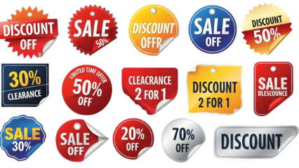 Colorful Sale and Discount Stickers Set with Various Shapes and Percentages for Retail Promotion