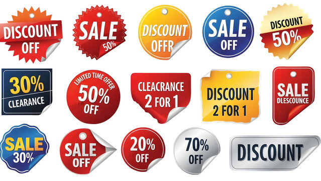 Colorful Sale and Discount Stickers Set with Various Shapes and Percentages for Retail Promotion