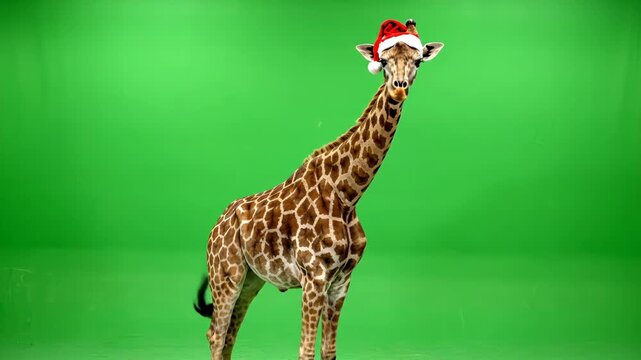 Giraffe Wearing Christmas Santa Hat - A giraffe poses against a green screen backdrop, wearing a festive red Santa hat. The animal has distinctive brown patterns across its long neck and body.