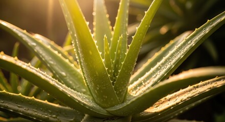 Obraz premium Close-up of spiky aloe vera plant with water droplets, basking in golden sunlight