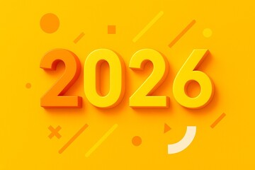 Vibrant Geometric 2026 Design &ndash; Bold Yellow & Orange 3D Numbers with Modern Shapes
