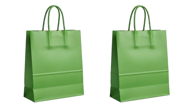 Two green paper shopping bags isolated on transparent background - Powered by Adobe
