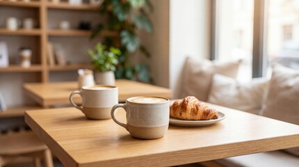 Cozy morning scene with two cups of coffee and a croissant on a wooden table near a window