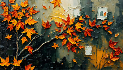Textured Autumn Leaf Artwork Featuring Bold Orange Foliage on Rustic Abstract Background
