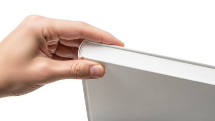 Hand holding a white book isolated on transparent background