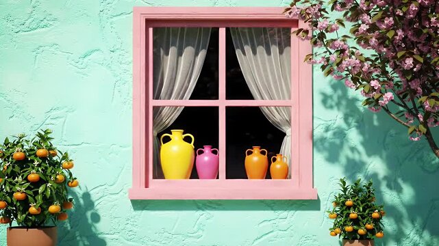 Vibrant Mint-Turquoise Exterior Wall with Pink Window Frame, Three Teapots on the Sill, and a Blooming Tree in a Colorful Garden