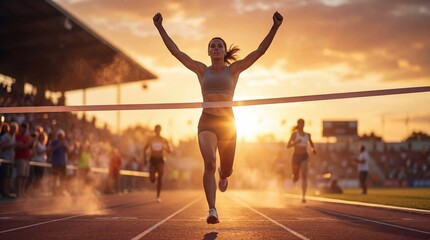 Runner crossing finish line at sunset with arms raised in victory during a track event