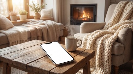 Fototapeta premium Cozy living room with a wooden coffee table, smartphone, steaming cup of tea, and a fireplace