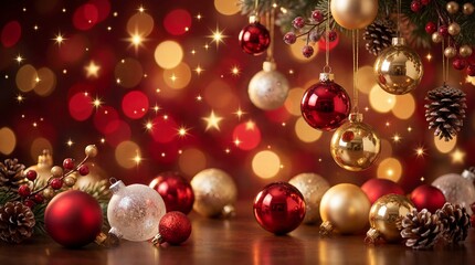 Festive Christmas decorations with shiny ornaments and pine cones on a dark background