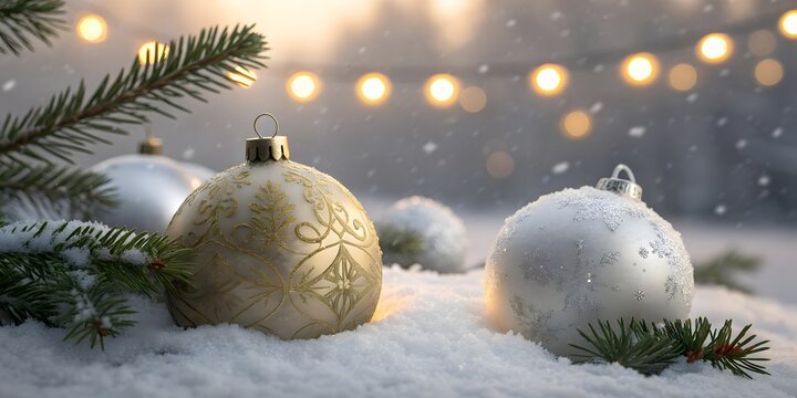 Christmas white decoration and spruce tree close up, bokeh blur lights background. Merry Christmas and Happy Holidays greeting card, frame, banner.