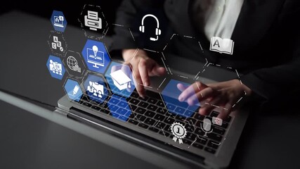 Online education icons show e-learning, online education classes, and digital study. Online education enables global online education access, flexible learning. Funnel - Powered by Adobe