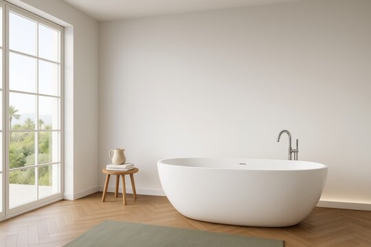 Minimalist bathroom interior with white freestanding bathtub, wooden stool, and large window overlooking green landscape in calm, natural light concept. Ai generative