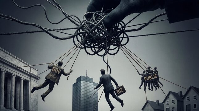 A complex network of strings controlled by unseen hands manipulates figures representing government, business, and the public