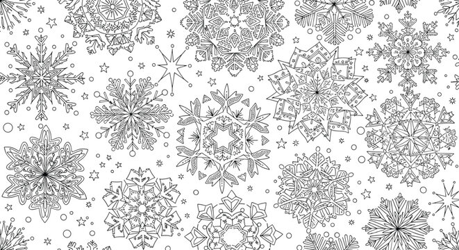 A seamless black and white pattern of highly detailed and intricate hand-drawn snowflakes perfect for an adult coloring page.