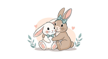 Fototapeta premium An adorable hand-drawn illustration of two cute bunnies hugging surrounded by leaves and hearts for a sweet nursery design.