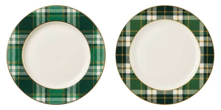 Green Tartan Christmas Dinner Plates on Transparent Background