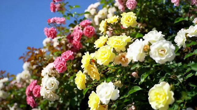 Vibrant Multicolored Rose Bushes in Full Bloom Under a Clear Blue Sky