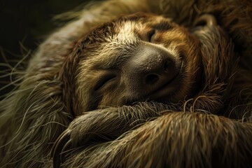 Obraz premium Closeup of a smiling sloth sleeping peacefully, embracing its soft fur