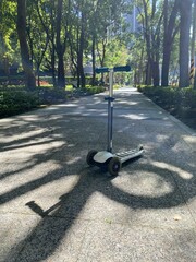 Kick Scooter on Empty City Sidewalk with Trees