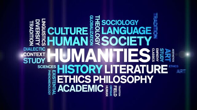 Humanities animated word cloud-text design animation tag kinetic typography seamless loop.