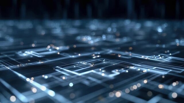 Blue, futuristic circuit-board close-up with glowing lines and interconnected nodes.