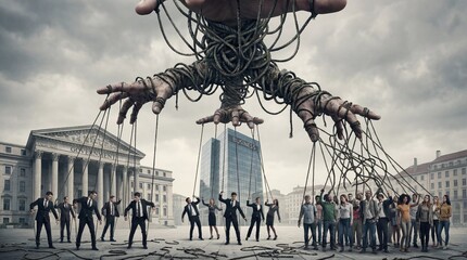 Giant puppet strings controlled by government and business manipulate diverse group of people in urban setting