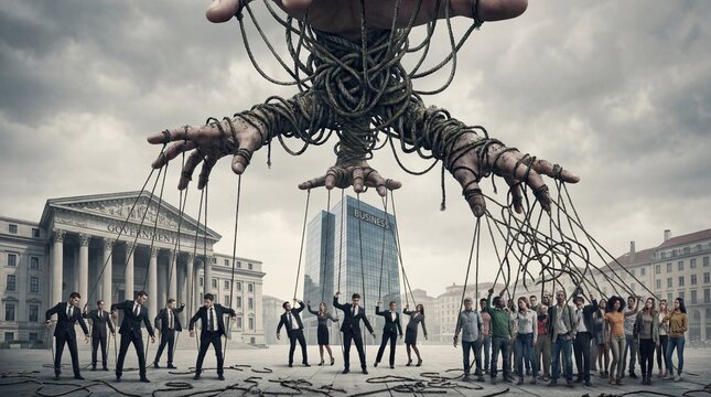 Giant puppet strings controlled by government and business manipulate diverse group of people in urban setting