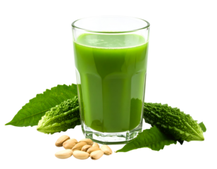 A tall glass filled with vibrant green liquid surrounded by fresh leaves and seeds, highlighting natural health benefits