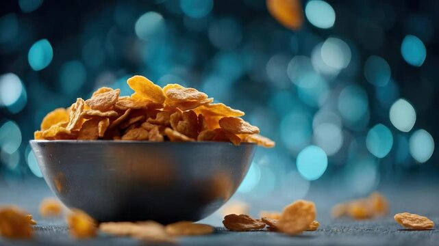 Bowl of cornflakes with flakes flying into the air against a blue bokeh background.