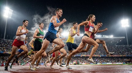 Athletes sprinting intensely in a nighttime track and field competition under bright stadium lights