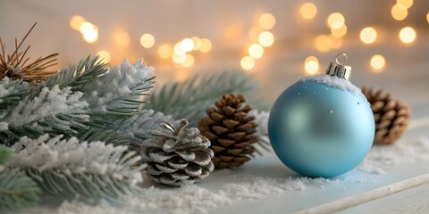 Christmas soft blue decoration ball and spruce tree close up, bokeh blur lights background. Merry Christmas and Happy Holidays greeting card, frame, banner. Noel. Winter festive.