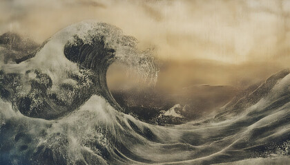 Dramatic Textured Wave Painting Depicting Powerful Ocean Swell in Moody Earth Tones