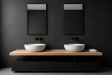 Fototapeta premium Modern black bathroom interior with minimalist double sink design and wood counter concept in a dark stylish setting. Ai generative. Ai generative