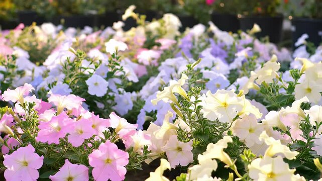 Vibrant pastel bed of petunias blooming in a sunlit garden display