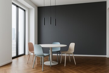 Fototapeta premium Minimalist dining room interior with round table and colorful chairs against dark accent wall and large window in modern apartment concept. Ai generative