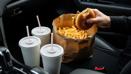 Fast food meal in car interior featuring burgers fries and drinks