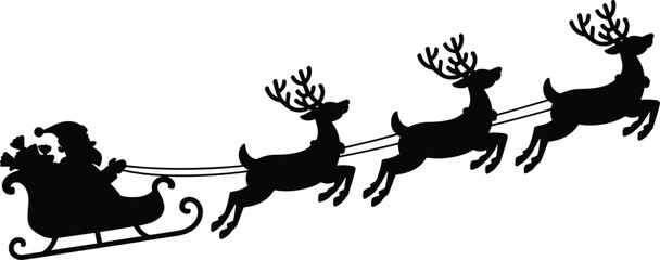 Traditional Santa Claus Silhouette Icon in a Flying Sleigh Pulled by Three Reindeer, Perfect for Christmas, Holiday Cards, Seasonal Design, Winter Festivities, and Magical Celebration