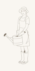 Line art of a female gardener holding a watering can. Simple outline style with hat, gloves, apron and boots on a light background.