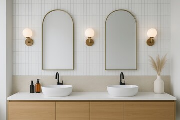 Minimalist bathroom interior with double sinks, arched mirrors, and modern lighting fixtures on tiled wall in soft neutral tones. Ai generative. Ai generative
