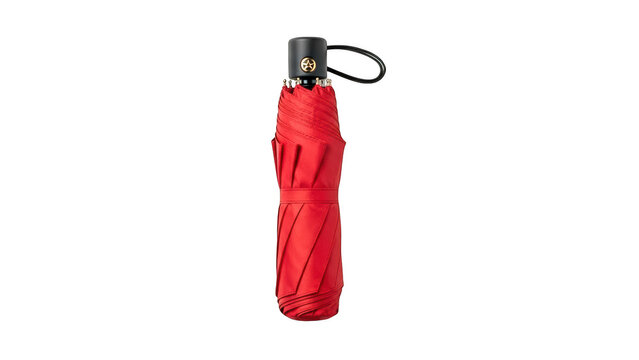 Closed red compact umbrella isolated on transparent background